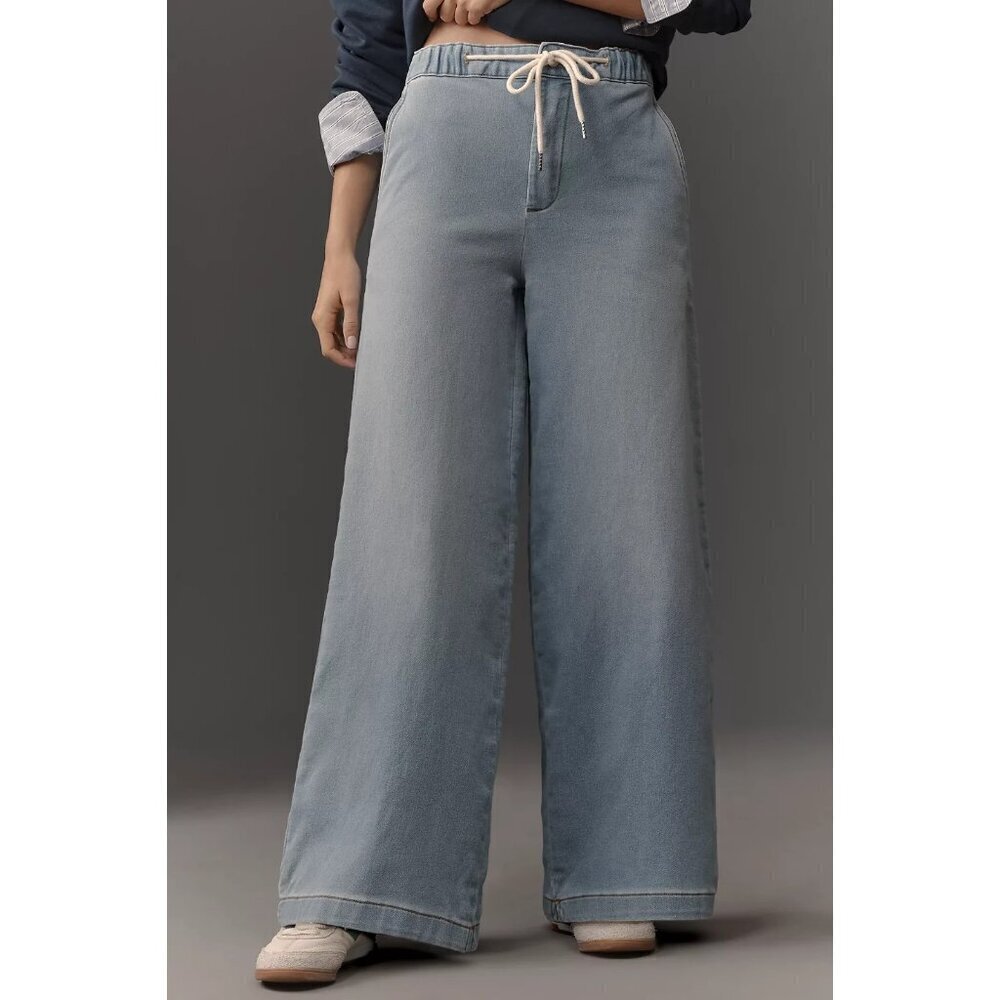 Pilcro Denim-Knit Pull-On High-Rise Wide-Leg JeansDENIM LIGHT LARGE NWT - Picture 2 of 4